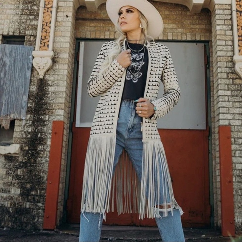 Dakota West Leather Annie Fringe Duster Bone Mesh Sz Small Festival Cowgirl